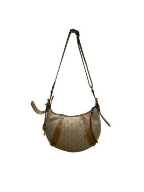 Fossil Women’s Beige Logo Pattern & Brown Leather Trim Adjustable Strap Hobo Bag